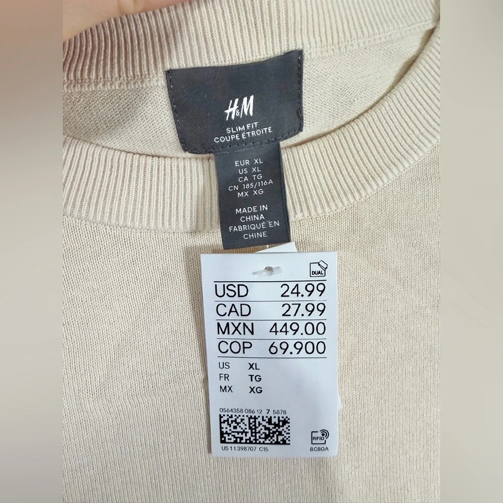 NWT H&M Crewneck Sweater Beige White Long Sleeve Soft Cotton Slim Fit Men XL